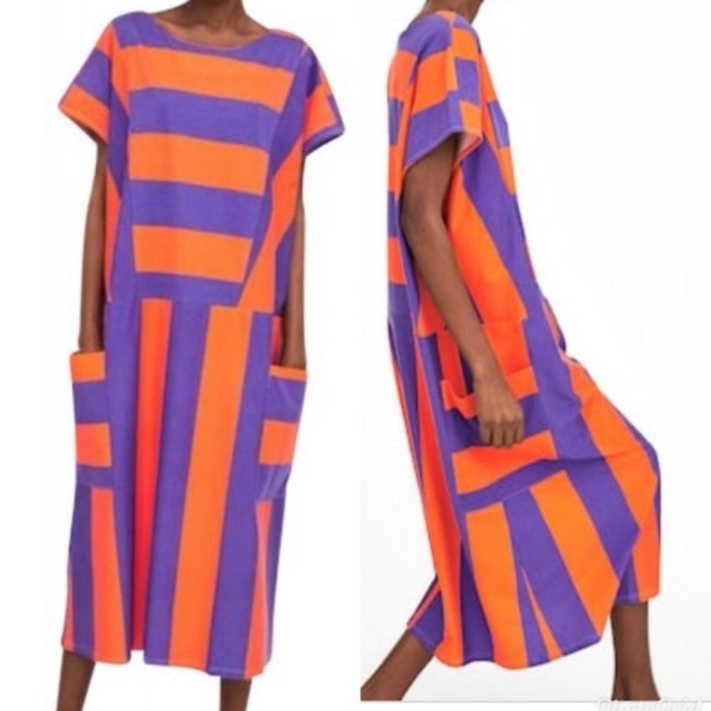 Zara Cotton Block Stripe Oversized Midi Dress S